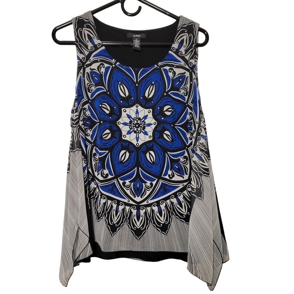 Alfani‎ Women's Blue Medallion Print Sleeveless Embellished Sparkle Tank Top M